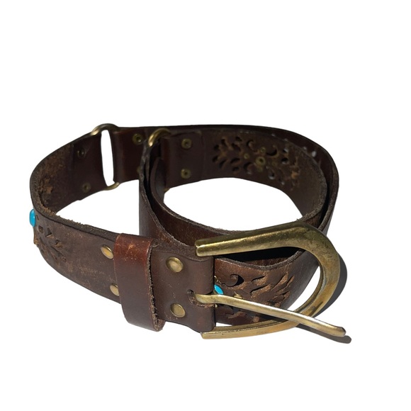Linea Pelle Leather Belt with Turquoise Sz OS - Picture 1 of 9